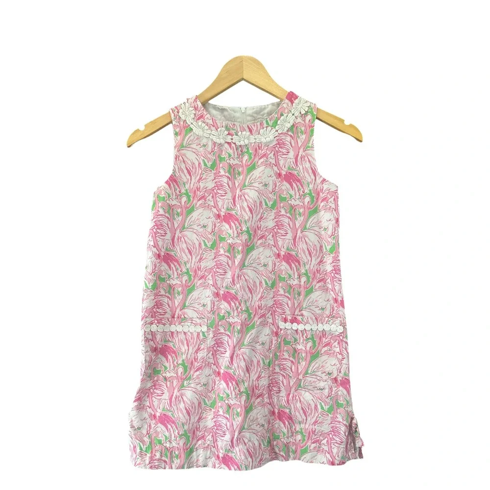 Lilly Pulitzer Shift Dress Girls 10 Pink LIKE_NEW Flamingo Lace Trim Pockets